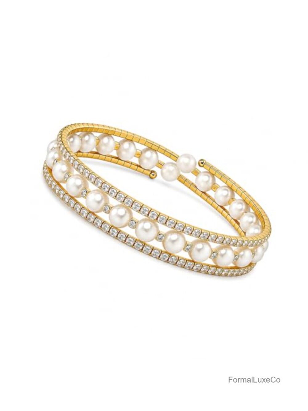 Imitation Pearl & Rhinestone Stretch Cuff Bracelet Adjustable Alloy Bracelet
